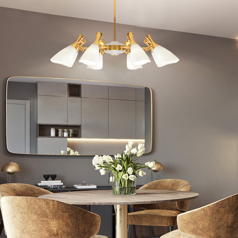 Modern Cone Frosted Glass Hanging Lamp: 6/8 Lights Gold Chandelier Fixture In Warm/White Light