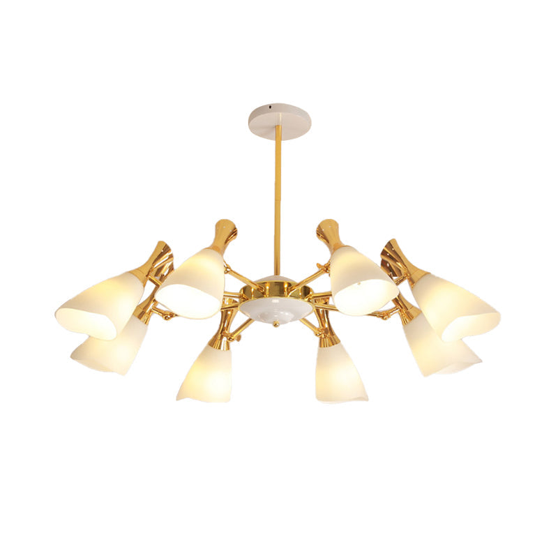 Modern Cone Frosted Glass Hanging Lamp: 6/8 Lights Gold Chandelier Fixture In Warm/White Light