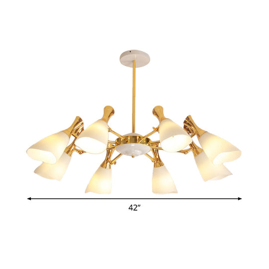 Modern Cone Frosted Glass Hanging Lamp: 6/8 Lights Gold Chandelier Fixture In Warm/White Light