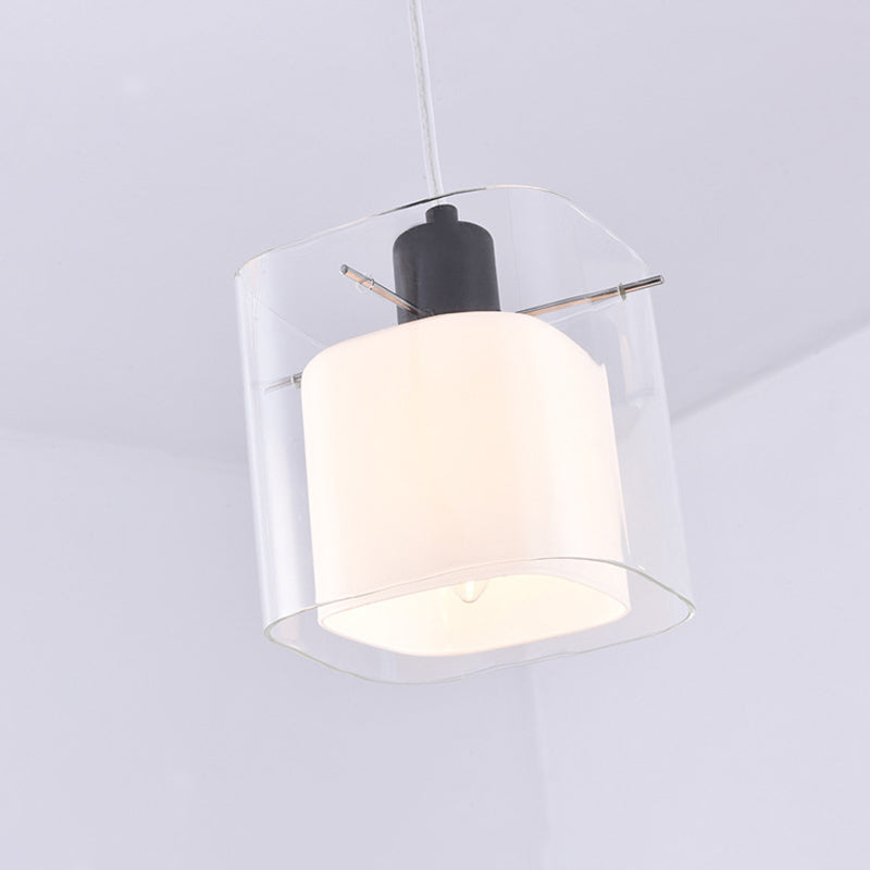 Modern Square Hanging Black Pendant Light Fixture With Clear And White Glass