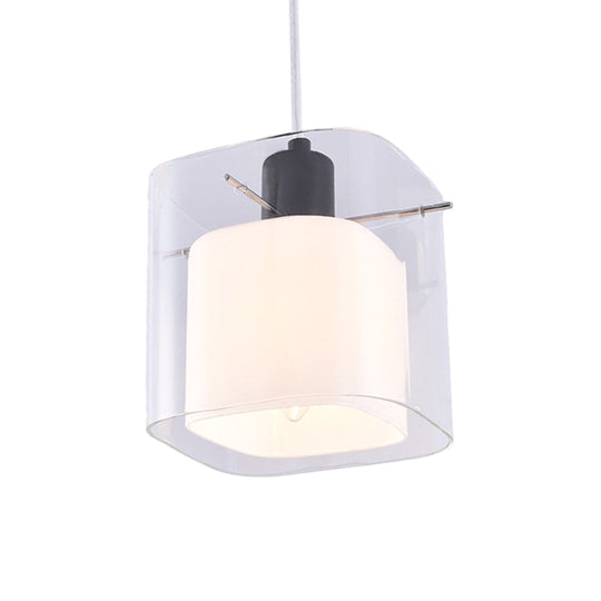 Modern Square Hanging Light Fixture With Clear And White Glass 1 Head Black Pendant Ceiling