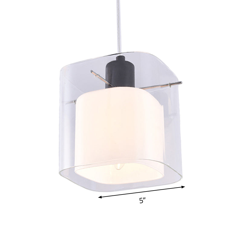 Modern Square Hanging Light Fixture With Clear And White Glass 1 Head Black Pendant Ceiling