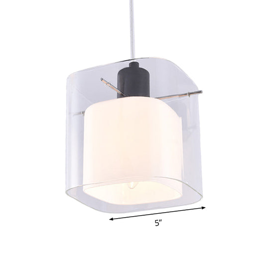 Modern Square Hanging Light Fixture With Clear And White Glass 1 Head Black Pendant Ceiling