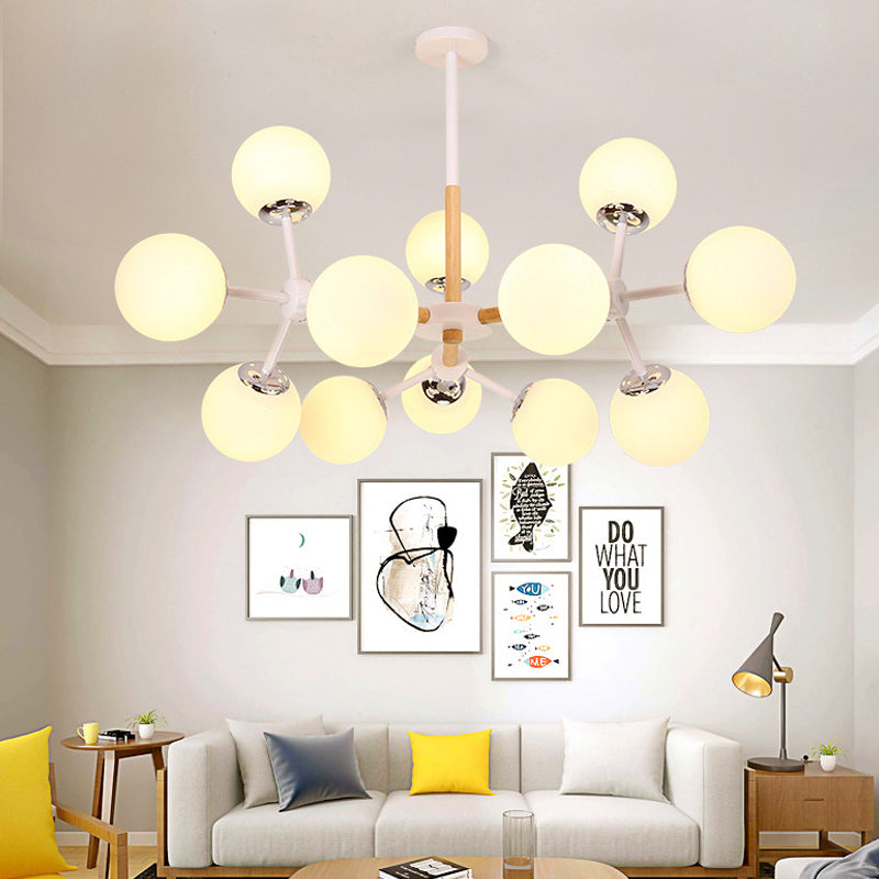 White Glass Globe Chandelier Light Fixture - Modern Dining Room Hanging Kit With 9/12/16 Heads