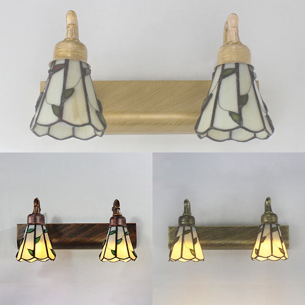 Rustic Cone Wall Light With Leaf Design 2-Light Stained Glass Sconce Lamp In Bronze - Ideal For