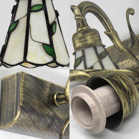 Rustic Cone Wall Light With Leaf Design 2-Light Stained Glass Sconce Lamp In Bronze - Ideal For