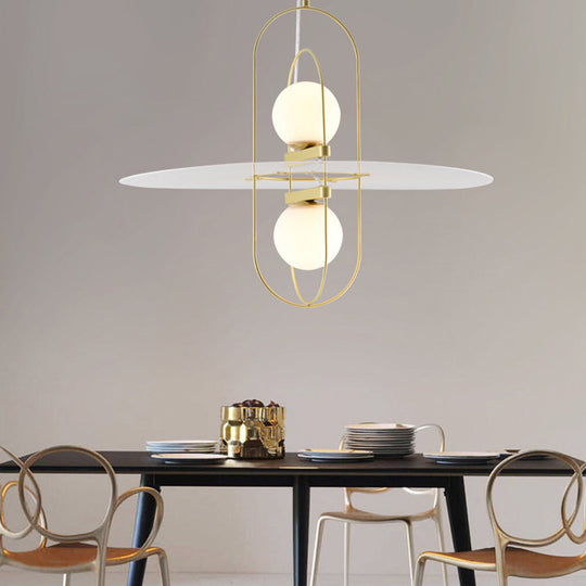 Designer Style White Glass Orb Chandelier: Elegant 2-Light Kitchen Hanging Lamp With Oval Frame