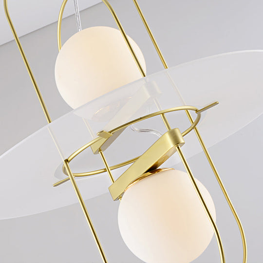 Designer Style White Glass Orb Chandelier: Elegant 2-Light Kitchen Hanging Lamp With Oval Frame