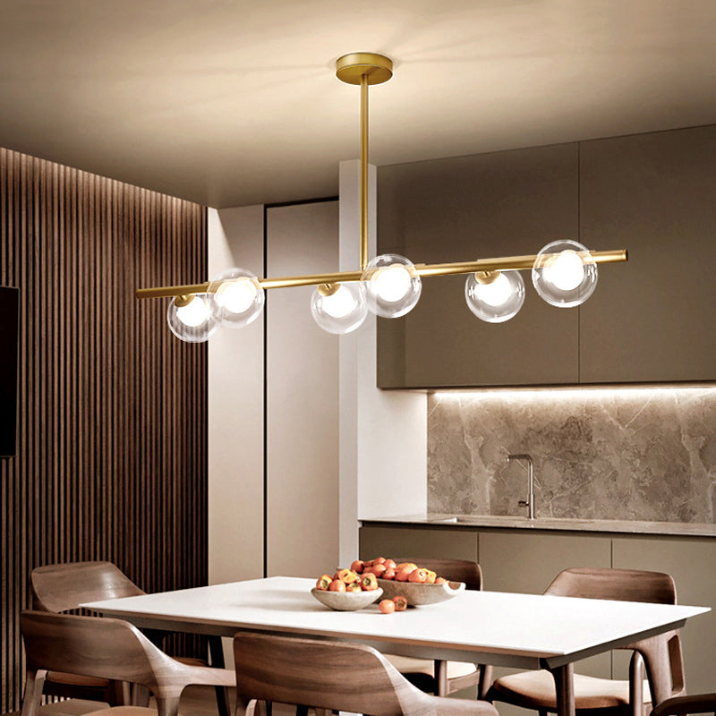 Nordic Metal 6-Head Linear Island Light With Gold Finish And Clear Glass Globes