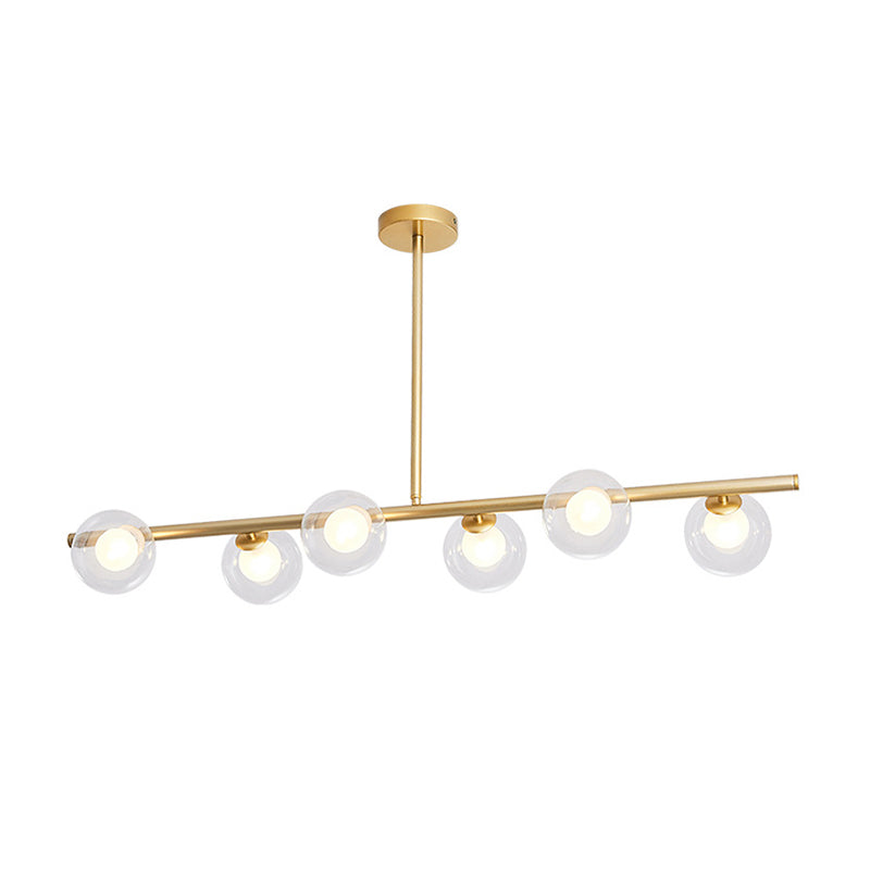 Nordic Metal 6-Head Linear Island Light With Gold Finish And Clear Glass Globes