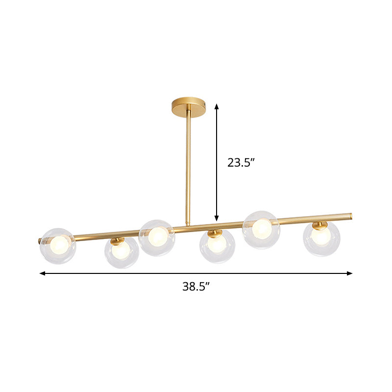 Nordic Metal 6-Head Linear Island Light With Gold Finish And Clear Glass Globes