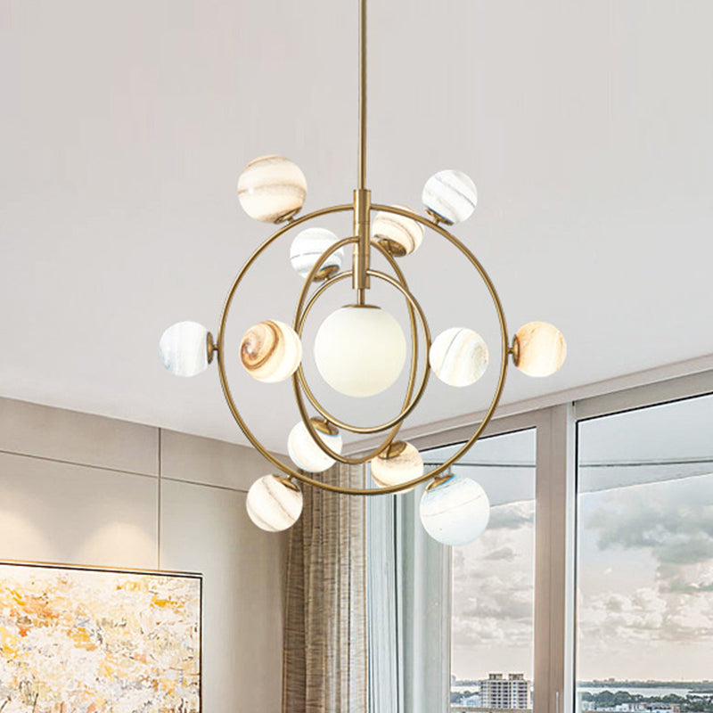 Modern Gold Orbit Chandelier Light Fixture - 13 Lights Metal Hanging Lamp With Glass Shade Kit