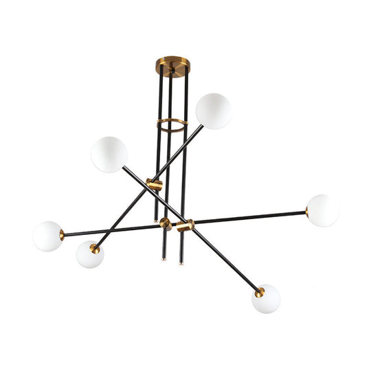 Minimalist Metal Hanging Lamp With Globe Opal Glass Shades - Black Chandelier Light (6 Heads)