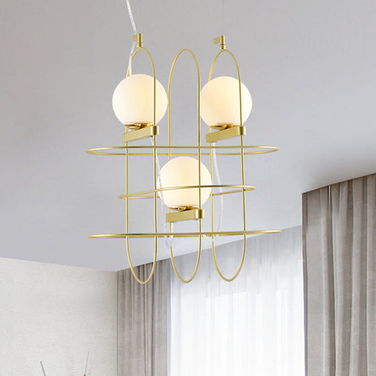 Modern Gold 3-Head Chandelier Light With Oval Metal Frame And Opal Glass Shade