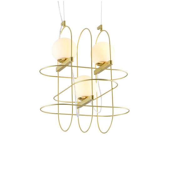 Modern Gold 3-Head Chandelier Light With Oval Metal Frame And Opal Glass Shade
