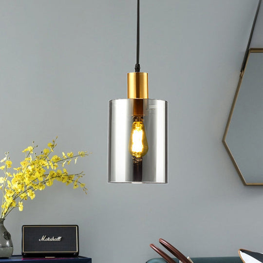 Postmodern Smoke Gray Glass Cylinder Pendant Light Fixture - Bedroom Hanging Lamp Kit