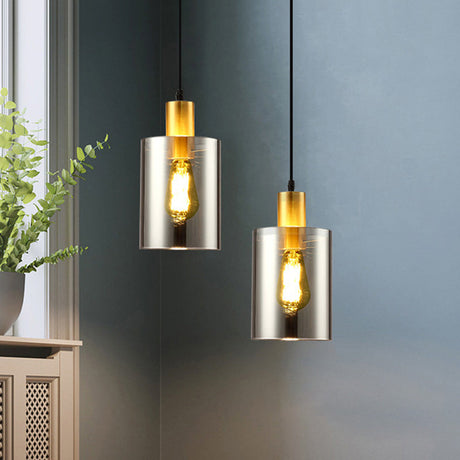 Postmodern Smoke Gray Glass Cylinder Pendant Light Fixture - Bedroom Hanging Lamp Kit