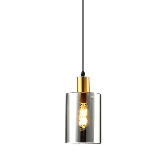 Cylinder Pendant Light: Postmodern Smoke Gray Glass 1 Head Hanging Lamp For Bedroom
