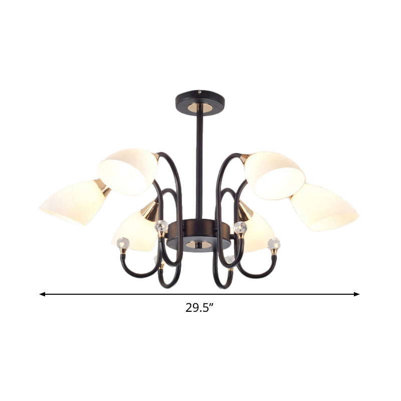 Rustic Black Iron Chandelier With Frosted Glass Shades - Hanging Ceiling Light Curve Arm 6/8/10