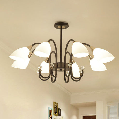 Rustic Black Iron Chandelier Light With Frosted Cone Glass Shades - 6/8/10 Heads Curved Arm Design