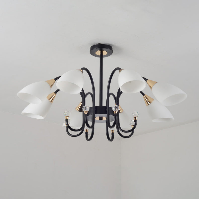 Rustic Black Iron Chandelier With Frosted Glass Shades - Hanging Ceiling Light Curve Arm 6/8/10