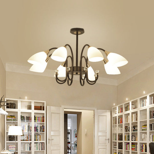 Rustic Black Iron Chandelier With Frosted Glass Shades - Hanging Ceiling Light Curve Arm 6/8/10