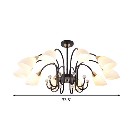 Rustic Black Iron Chandelier Light With Frosted Cone Glass Shades - 6/8/10 Heads Curved Arm Design