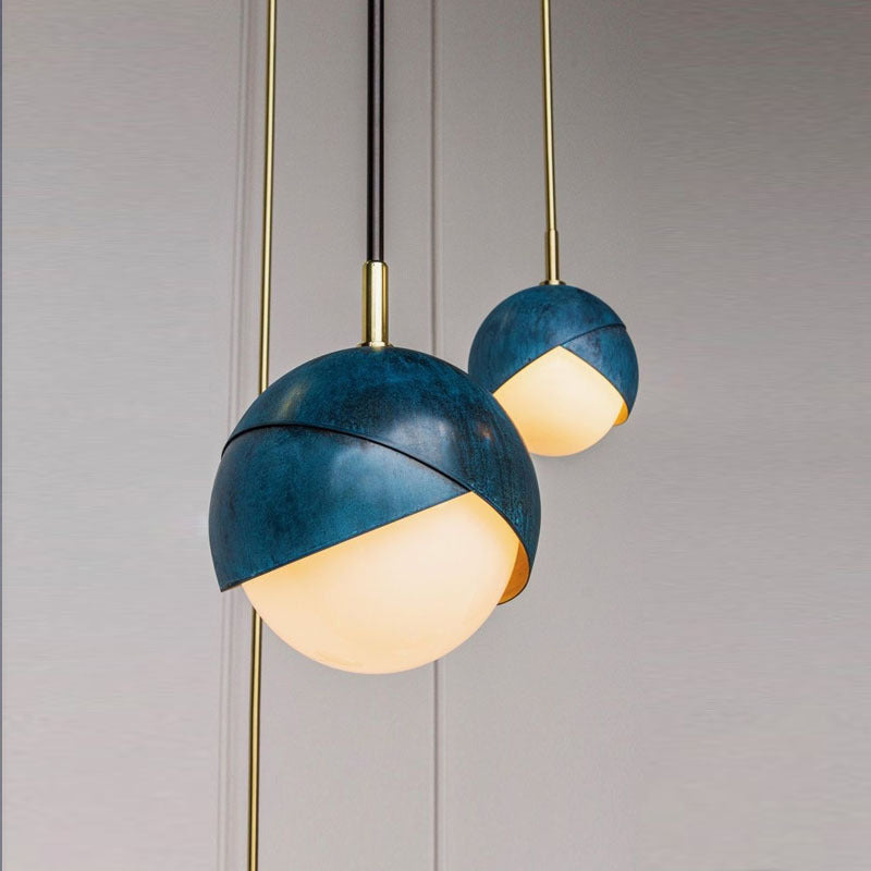 Postmodern Metal Pendant Lamp: Semi Sphere Shade 1 Head Blue Hanging 5.5’/9.5’ Wide