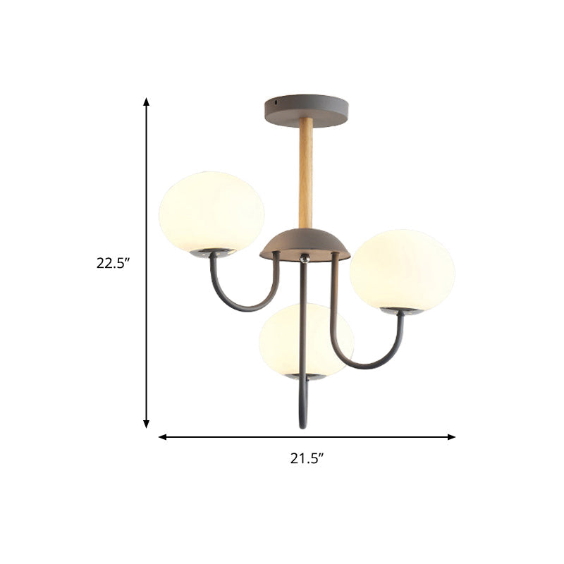 Nordic Style Gray/Green Chandelier Light Fixture With Dome White Glass Shade - 3/5 Lights Living