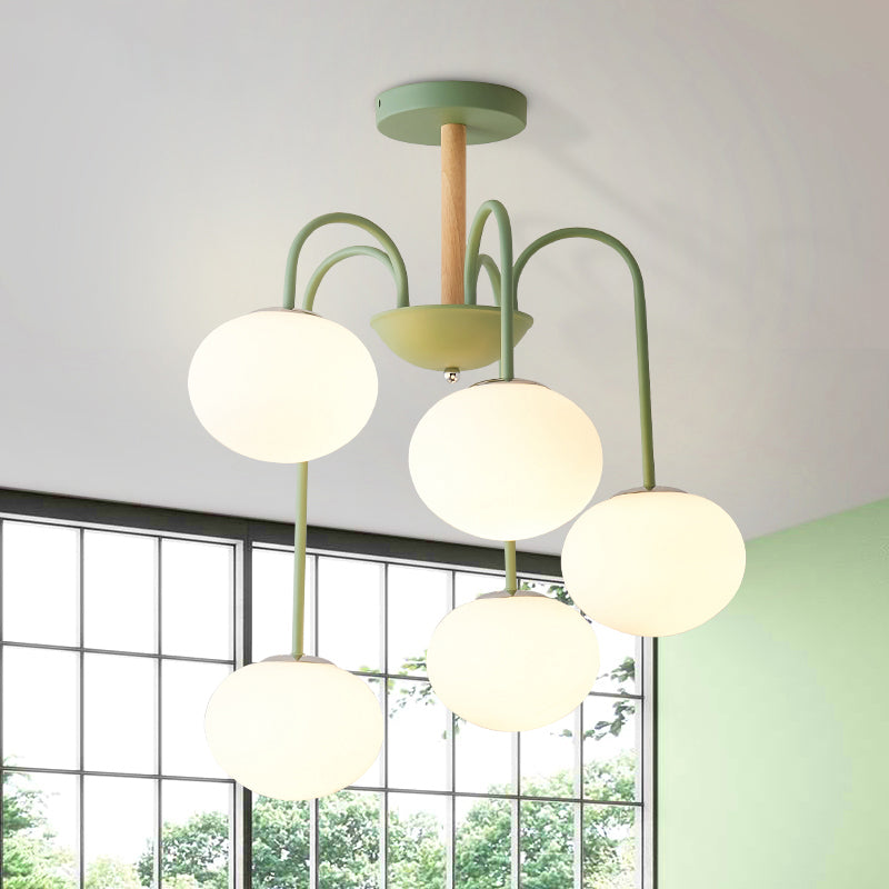 Contemporary Dome White Glass Chandelier - 3/5 Lights Gray/Green Suspension Light 5 / Green