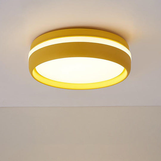 Metal Circular Flush Light Contemporary Led Ceiling Lamp In Pink/Yellow/Blue With Warm/White Yellow