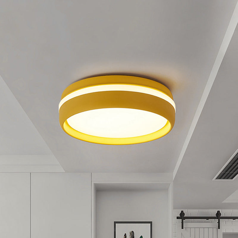 Metal Circular Flush Light Contemporary Led Ceiling Lamp In Pink/Yellow/Blue With Warm/White
