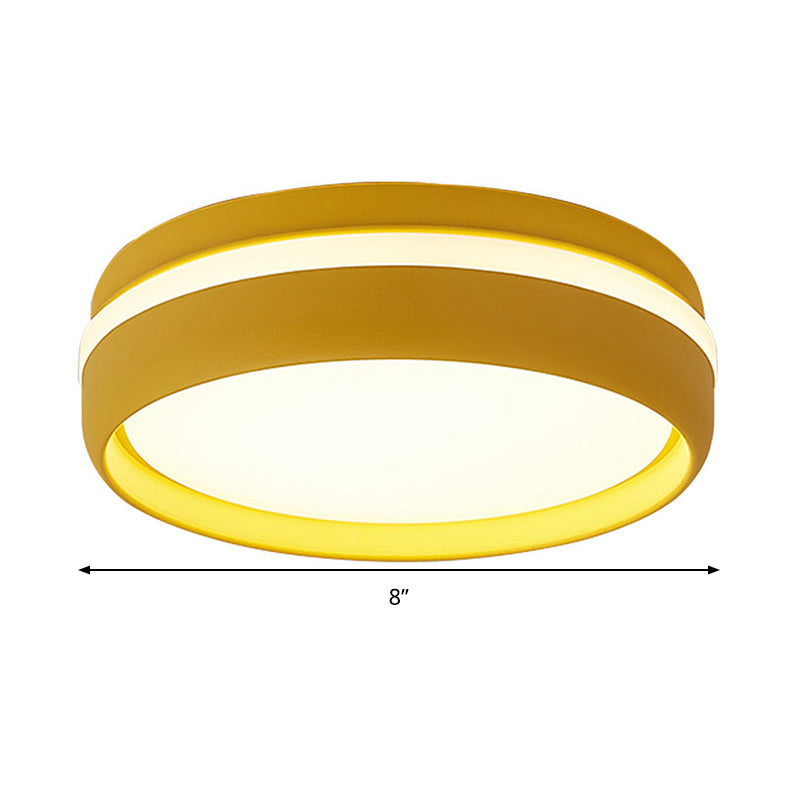 Metal Circular Flush Light Contemporary Led Ceiling Lamp In Pink/Yellow/Blue With Warm/White