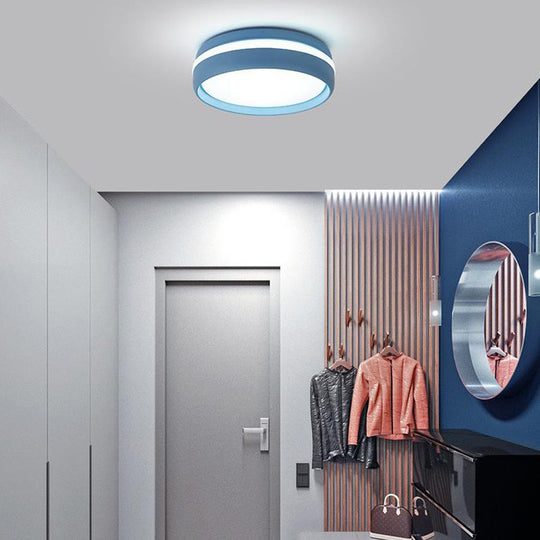 Metal Circular Flush Light Contemporary Led Ceiling Lamp In Pink/Yellow/Blue With Warm/White