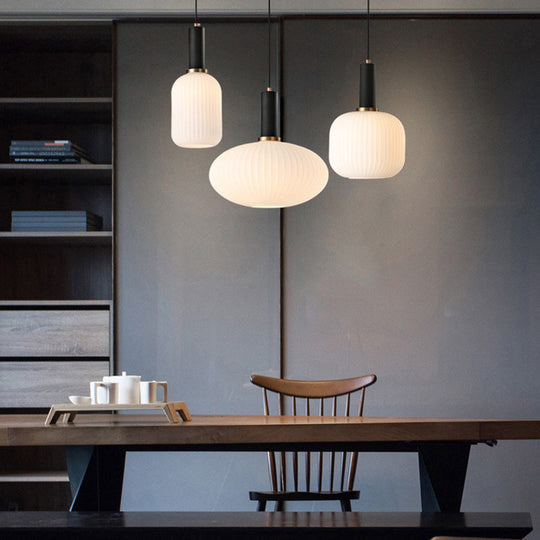 Macaron Pendant Light: Black/Pink/Blue Cylinder/Oval/Drum White Glass Shade 5’/8’/12’ Wide