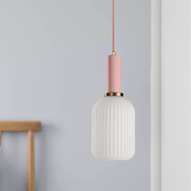 Macaron Pendant Light: Black/Pink/Blue Cylinder/Oval/Drum White Glass Shade 5’/8’/12’ Wide