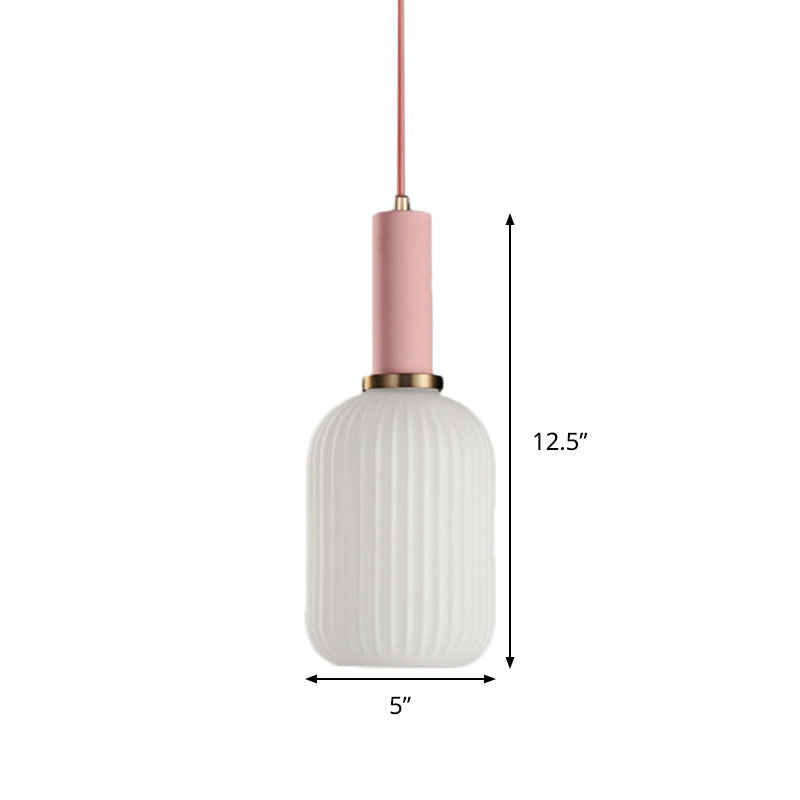 Macaron Pendant Light: Black/Pink/Blue Cylinder/Oval/Drum White Glass Shade 5’/8’/12’ Wide