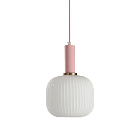 Macaron Pendant Light: Black/Pink/Blue Cylinder/Oval/Drum White Glass Shade 5’/8’/12’ Wide