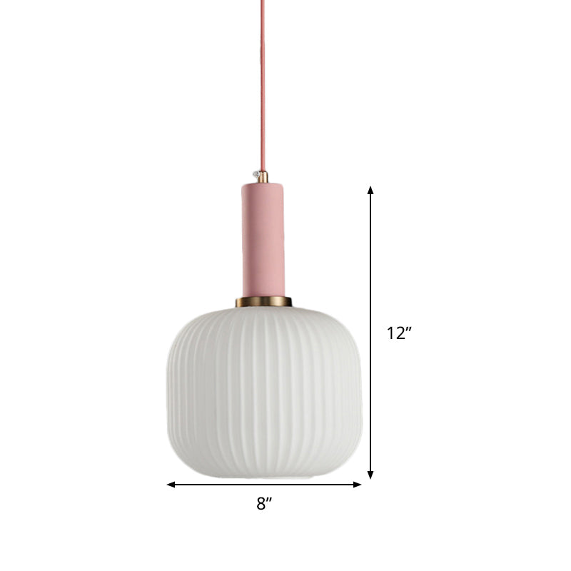 Macaron Pendant Light: Black/Pink/Blue Cylinder/Oval/Drum White Glass Shade 5’/8’/12’ Wide