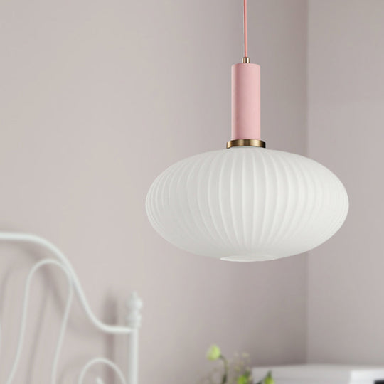 Macaron Pendant Light: Black/Pink/Blue Cylinder/Oval/Drum White Glass Shade 5’/8’/12’ Wide