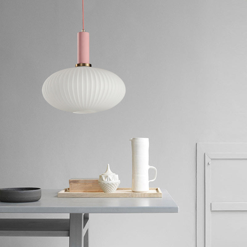 Macaron Pendant Light: Black/Pink/Blue Cylinder/Oval/Drum White Glass Shade 5’/8’/12’ Wide