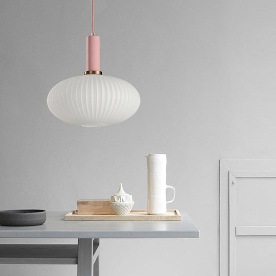 Macaron Pendant Light: Black/Pink/Blue Cylinder/Oval/Drum White Glass Shade 5’/8’/12’ Wide