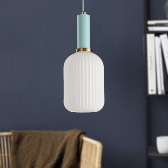 Macaron Pendant Light: Black/Pink/Blue Cylinder/Oval/Drum White Glass Shade 5’/8’/12’ Wide