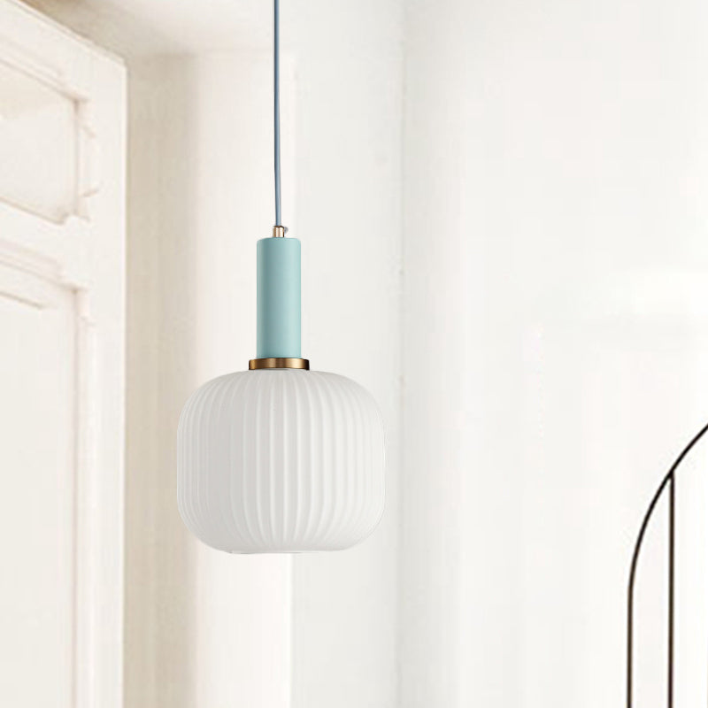 Macaron Pendant Light: Black/Pink/Blue Cylinder/Oval/Drum White Glass Shade 5’/8’/12’ Wide