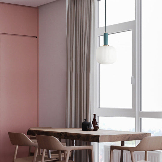 Macaron Pendant Light: Black/Pink/Blue Cylinder/Oval/Drum White Glass Shade 5’/8’/12’ Wide