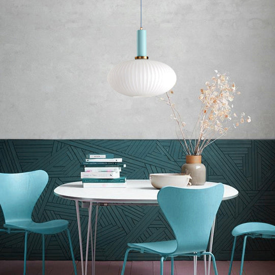 Macaron Pendant Light: Black/Pink/Blue Cylinder/Oval/Drum White Glass Shade 5’/8’/12’ Wide