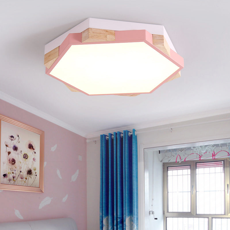 Hexagon Led Flushmount Ceiling Lamp In Pink/Yellow/Blue With Metal Shade Warm/White Light Pink /