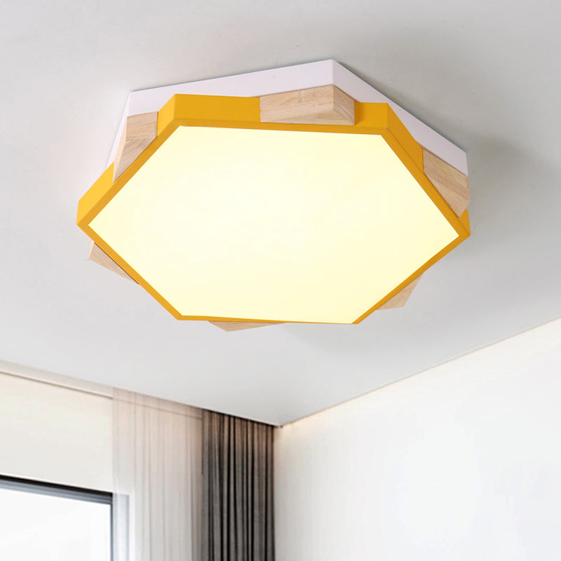 Hexagon Led Flushmount Ceiling Lamp In Pink/Yellow/Blue With Metal Shade Warm/White Light Yellow /