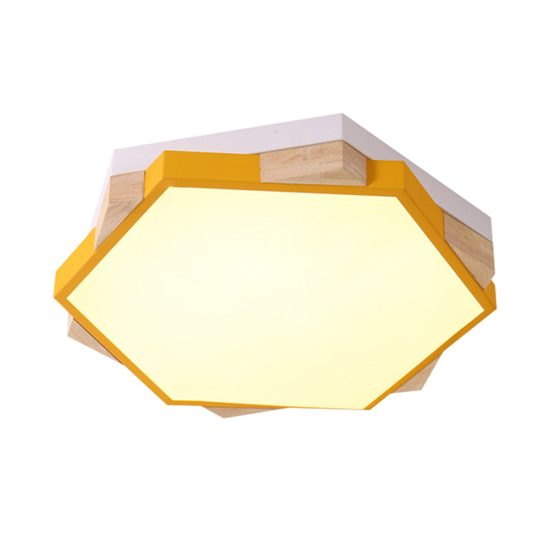 Hexagon Led Flushmount Ceiling Lamp In Pink/Yellow/Blue With Metal Shade Warm/White Light