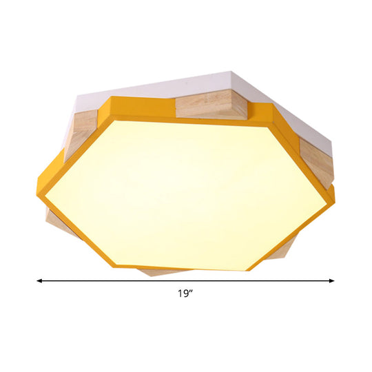 Hexagon Led Flushmount Ceiling Lamp In Pink/Yellow/Blue With Metal Shade Warm/White Light